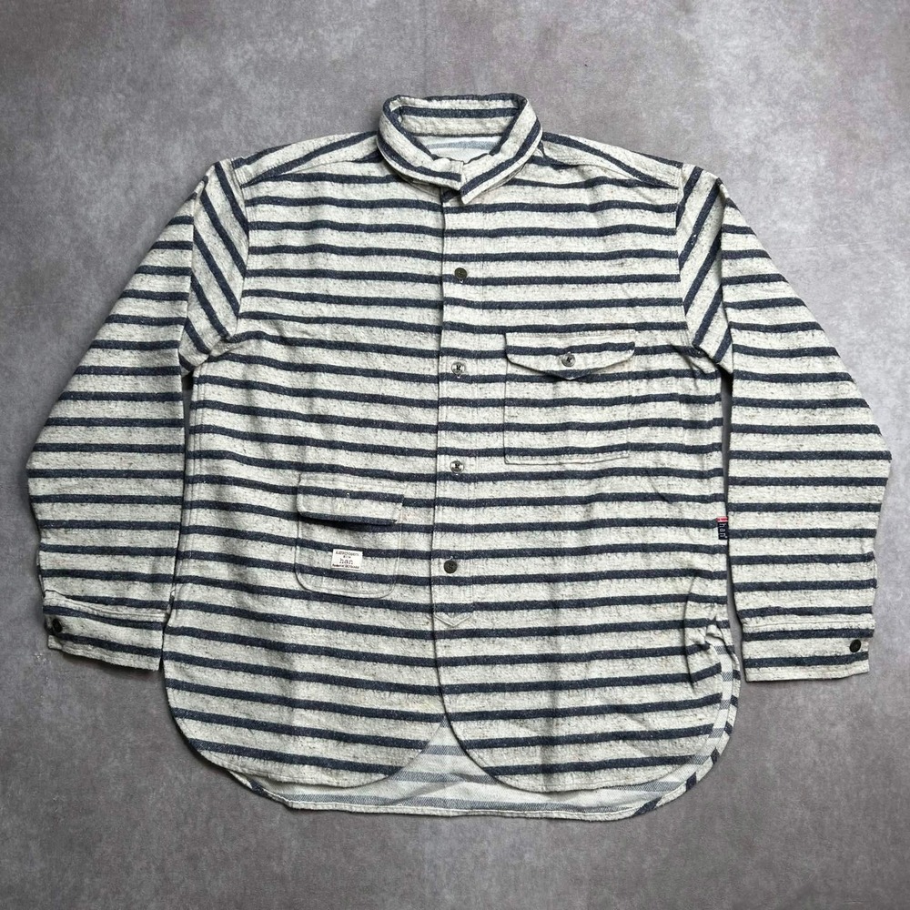 Han Kjobenhavn Mens Medium Striped Cotton Wool button up Shirt Cream Navy